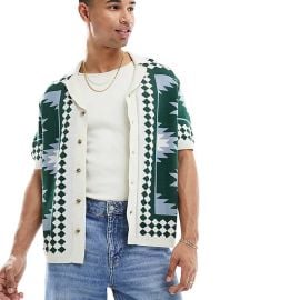 DESIGN relaxed knit button up polo in stone and blue with geometric border pattern at ASOS